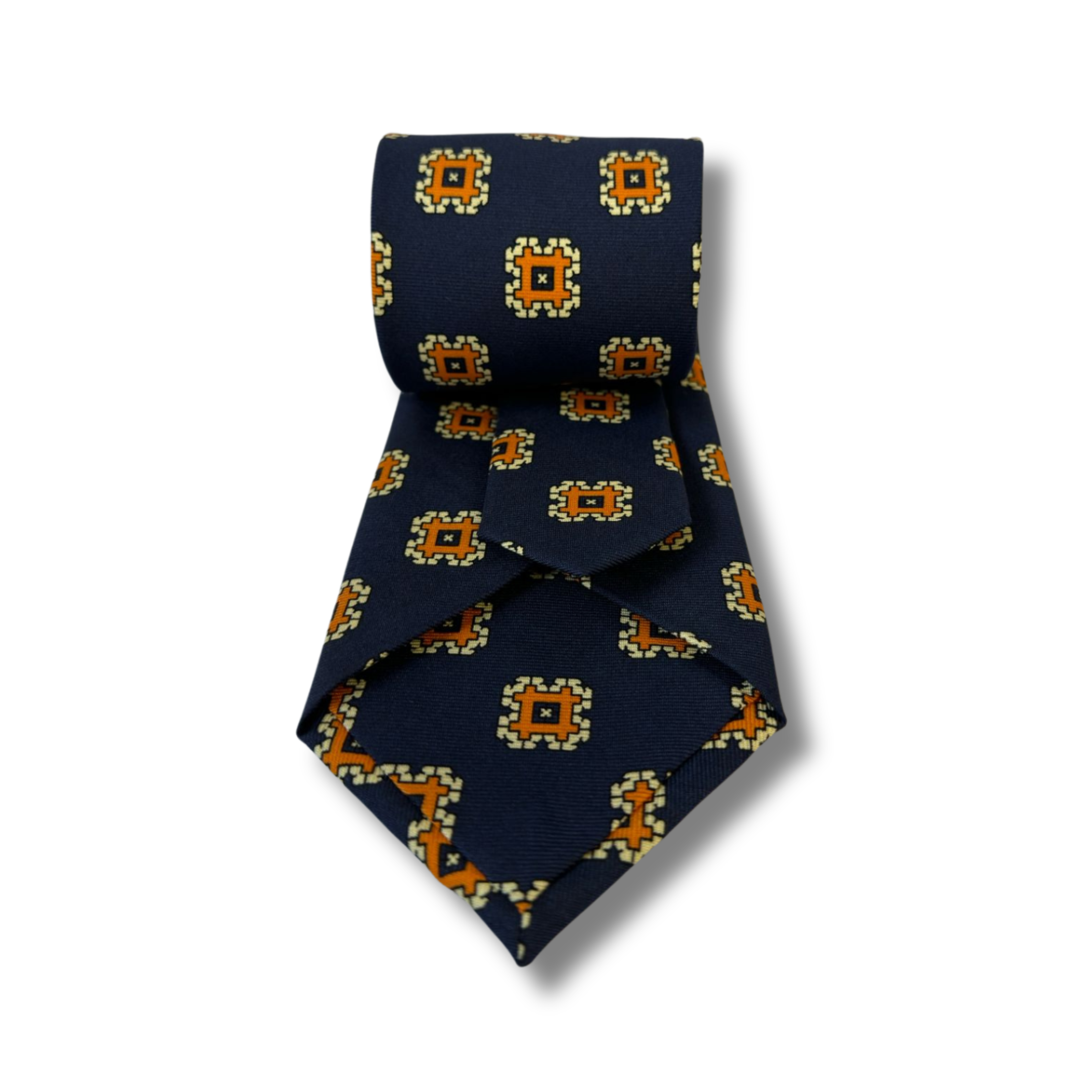Navy & Orange Square Motif Printed Silk Tie Hand Finished