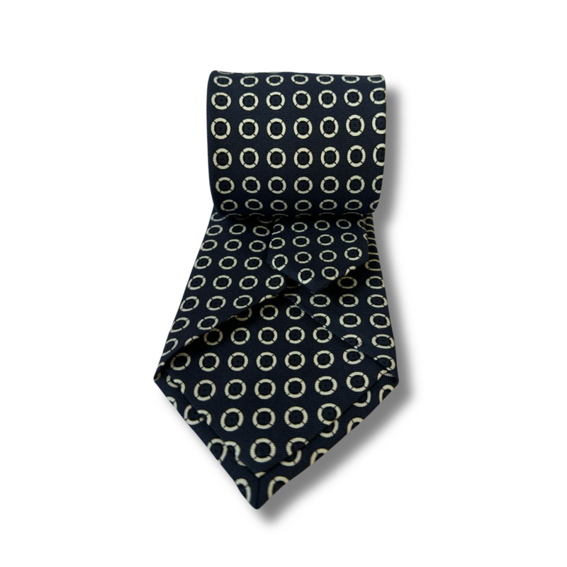 Navy & White Circle Neat Printed Silk Tie Hand Finished