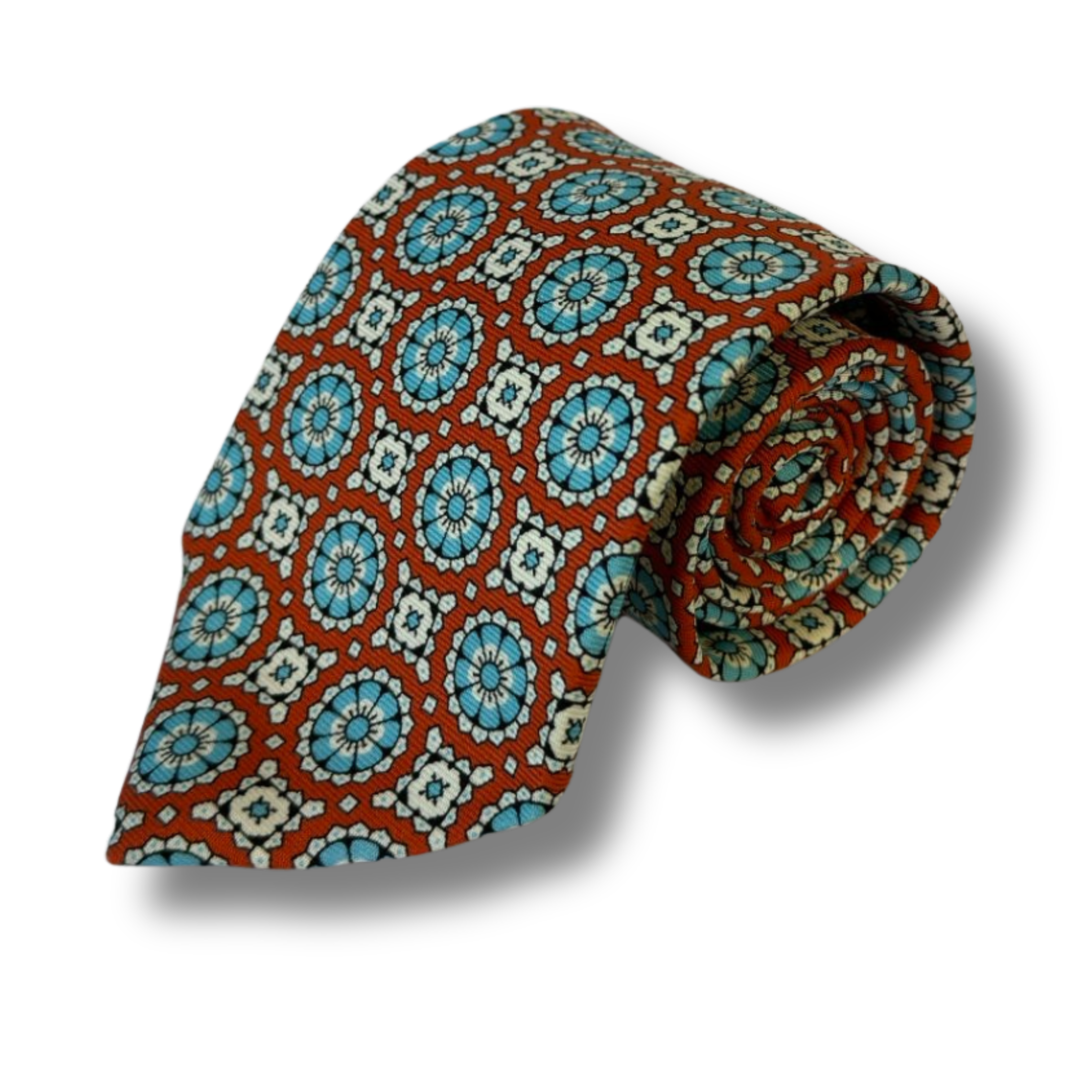 Orange & Blue circle Motif Printed Silk Tie Hand Finished