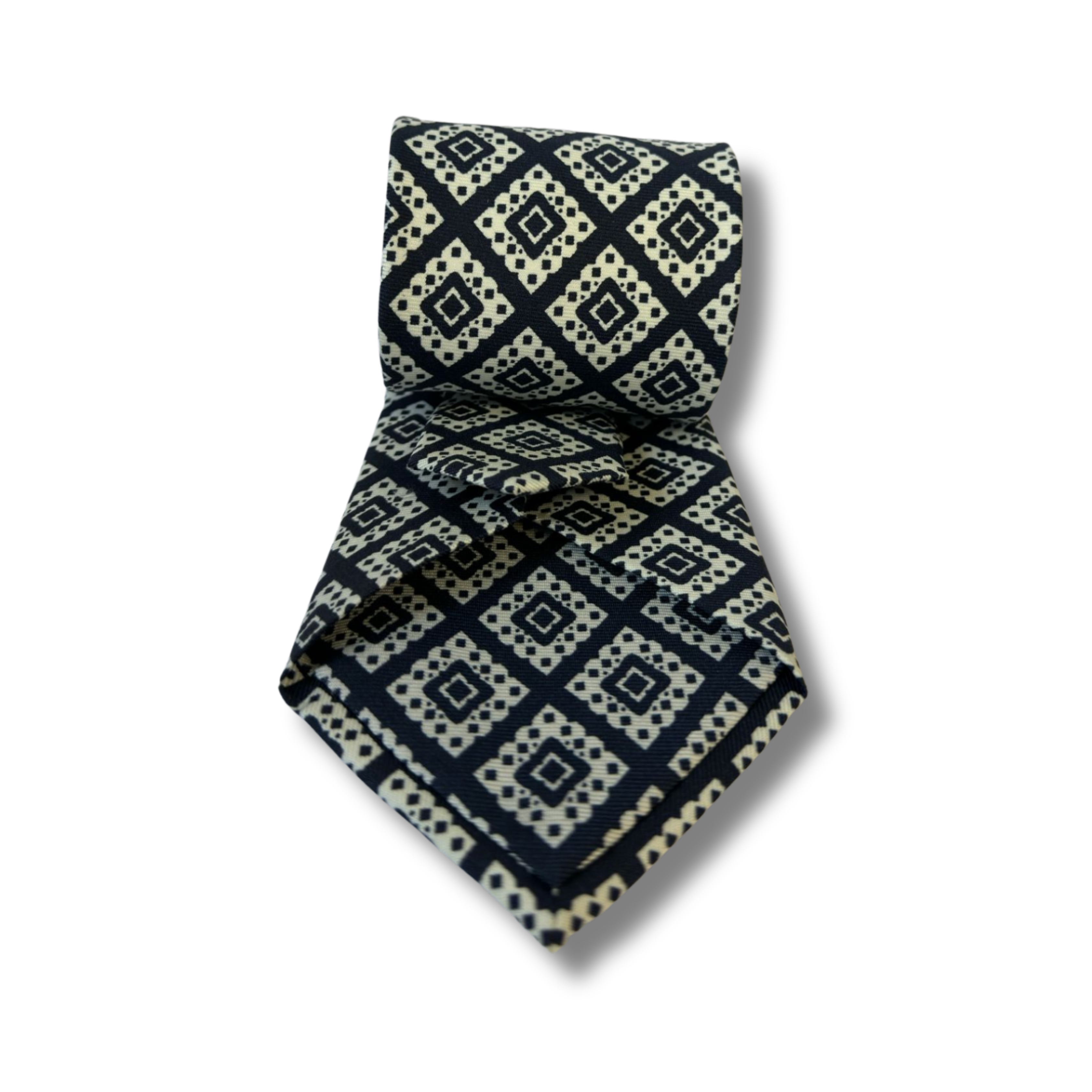 Navy Geometric Printed Silk Tie Hand Finished