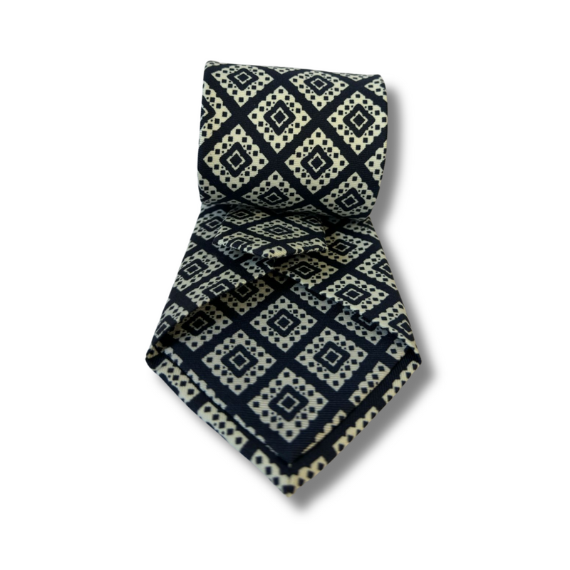 Navy Geometric Printed Silk Tie Hand Finished