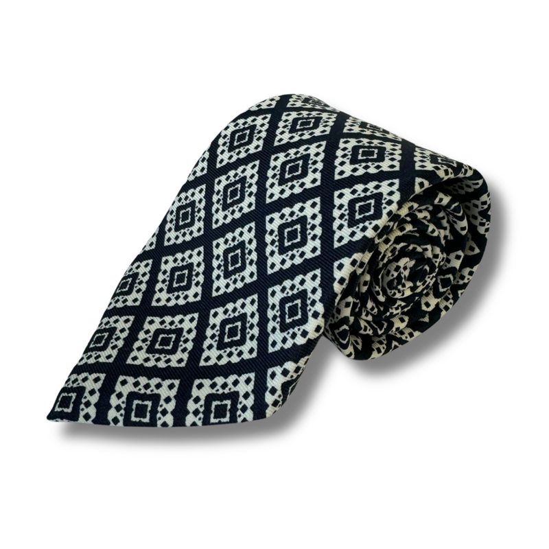 Navy Geometric Printed Silk Tie Hand Finished