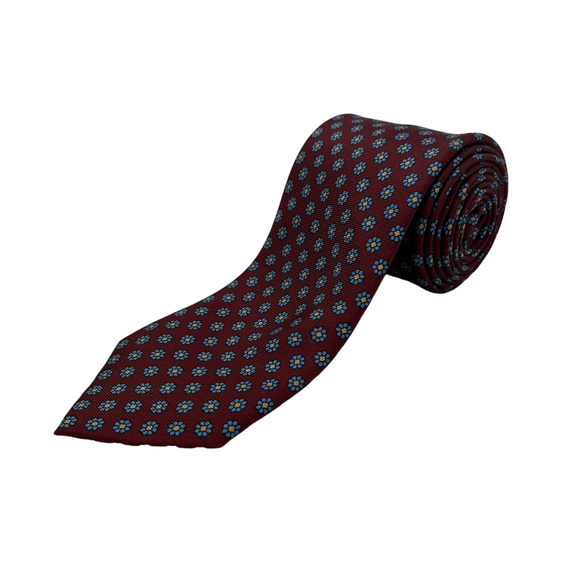 Burgundy Neat Flower Screen Printed Silk Tie