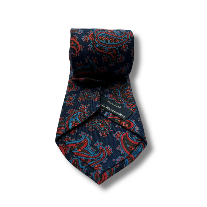 Navy & Red Paisley Screen Printed Silk Tie