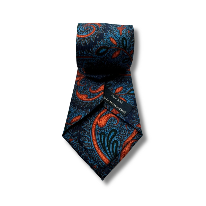 Blue & Orange Paisley Screen Printed Silk Tie