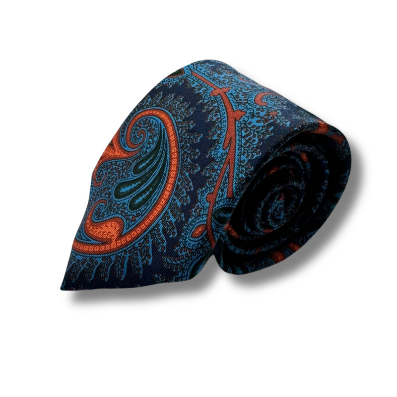 Blue & Orange Paisley Screen Printed Silk Tie