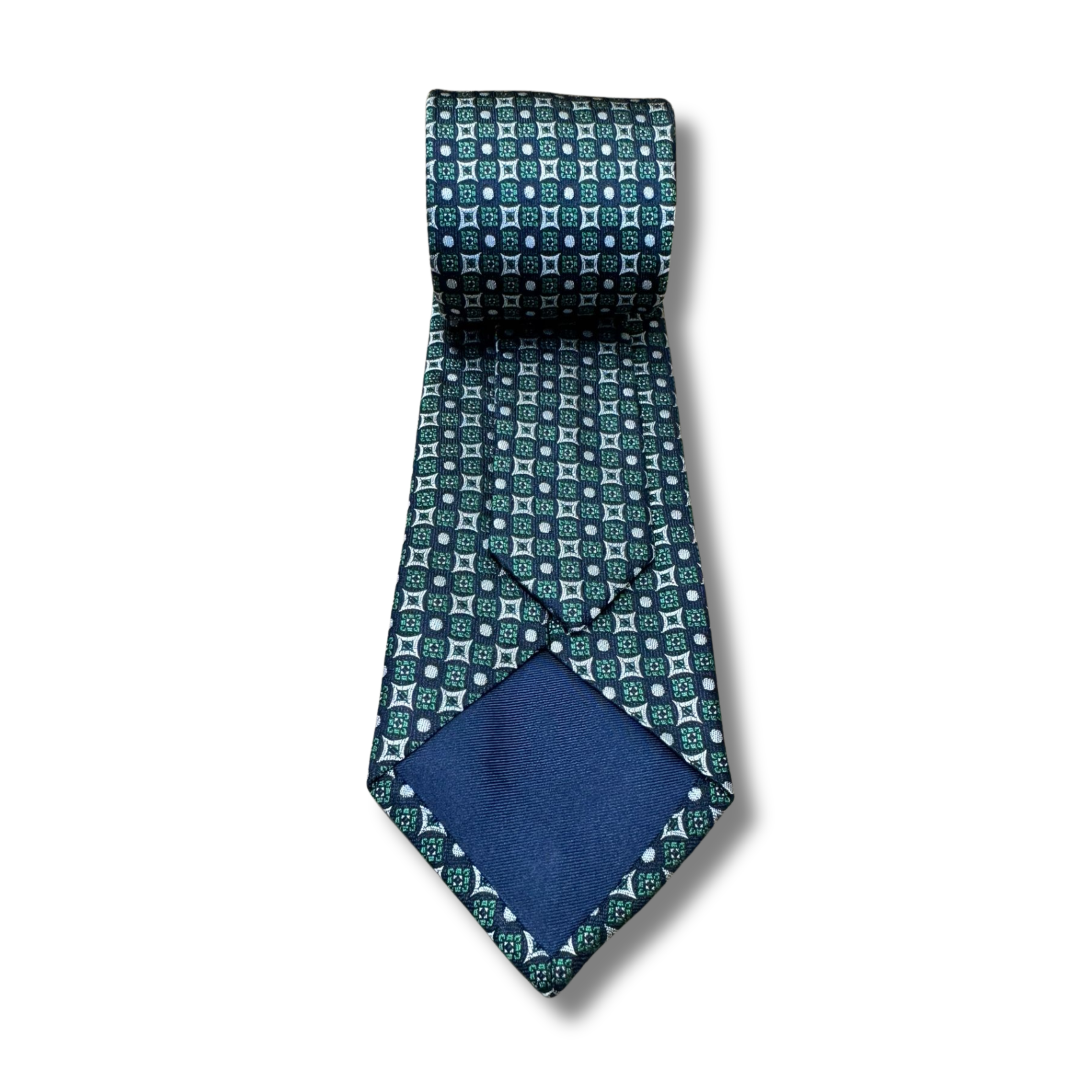 Navy & Green Chequered Woven Silk Tie Hand Finished.