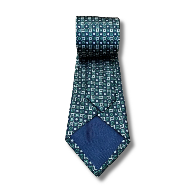 Navy & Green Chequered Woven Silk Tie Hand Finished.