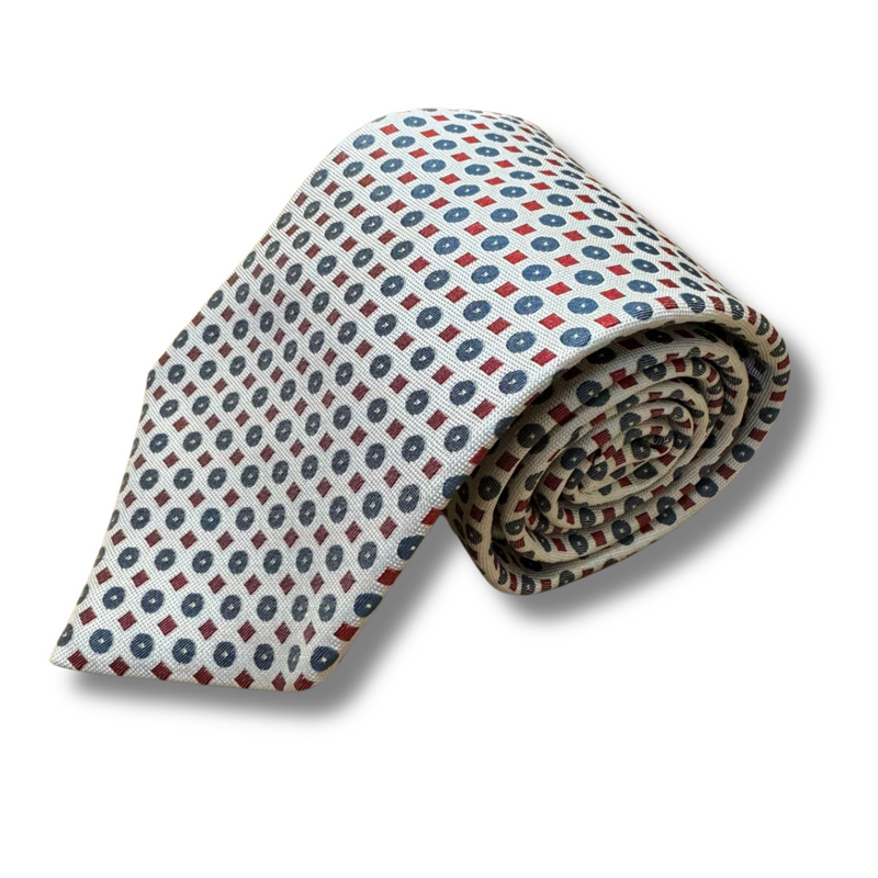 White, Red & Blue Motif Woven Silk Tie Hand Finished