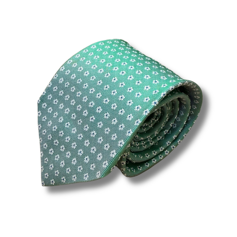 Green Floral Motif Woven Silk Tie Hand Finished