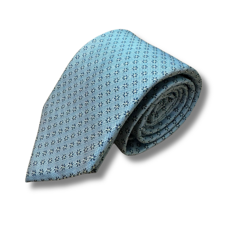 Pale Blue Floral Motif Woven Silk Tie Hand Finished