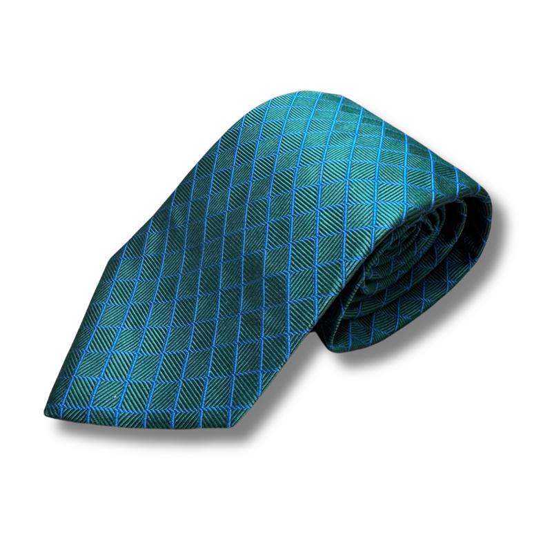 Green & Blue Chequered Woven Silk Tie Hand Finished