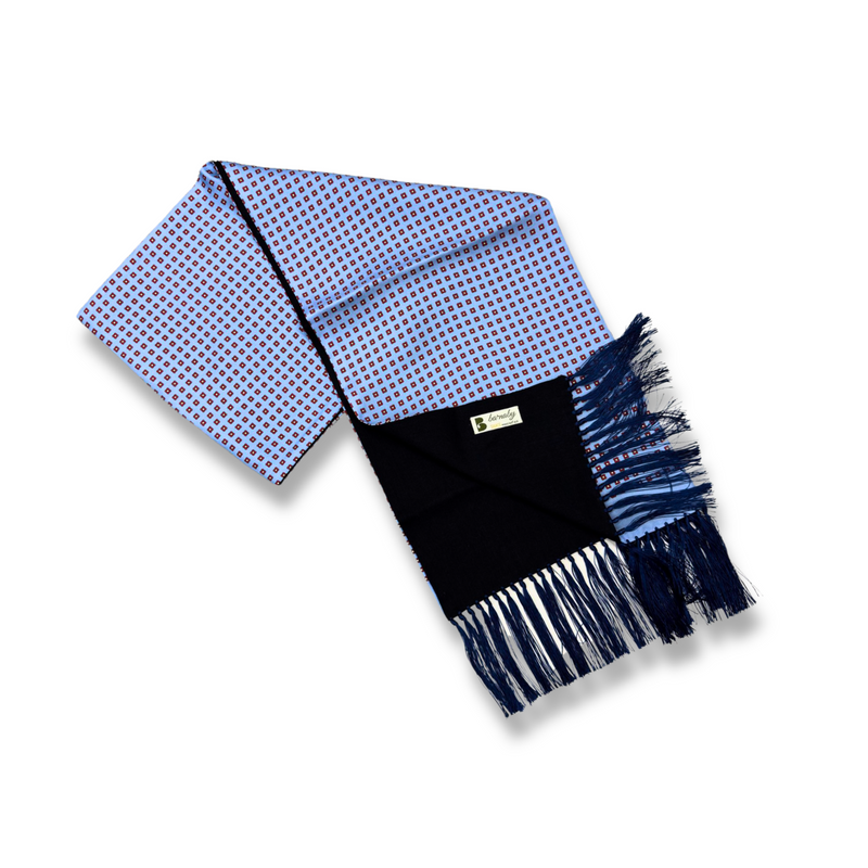 Blue & Red Silk Scarf with Blue Tassels Hand Knotted