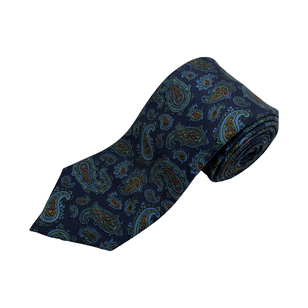 Blue Paisley Screen Printed Silk Tie