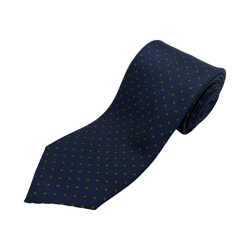 Navy Neat Flower Screen Printed Silk Tie