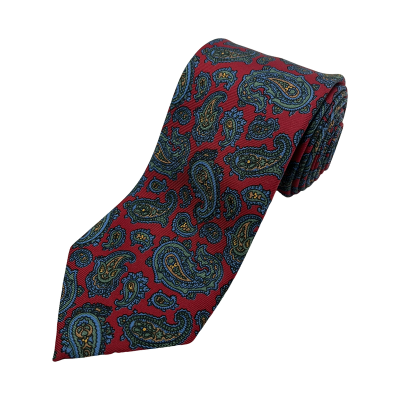 Red Paisley Screen Printed Silk Tie