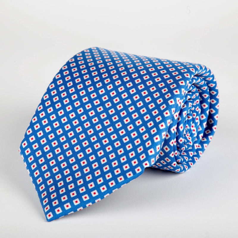 Blue Geometric Diamond Printed Silk Tie Hand Finished - British Made