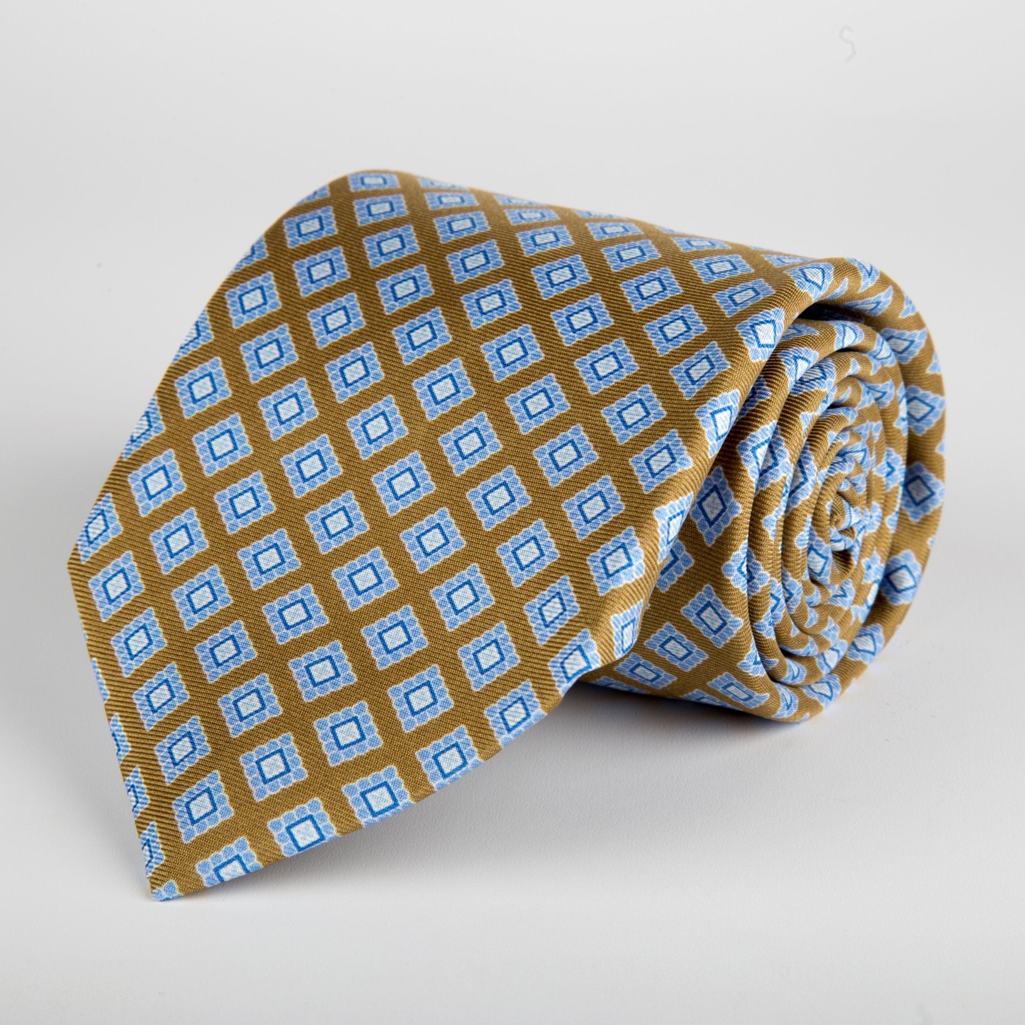 Brown Geometric Flower Block Printed Silk Tie - British Made