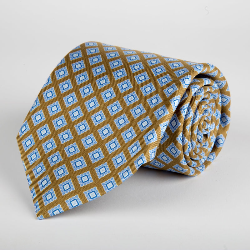Brown Geometric Flower Block Printed Silk Tie - British Made