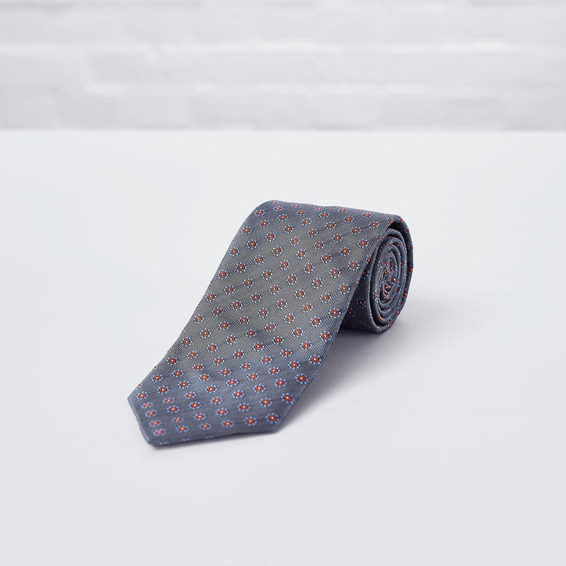 Grey Daisy Woven Silk Tie - British Made