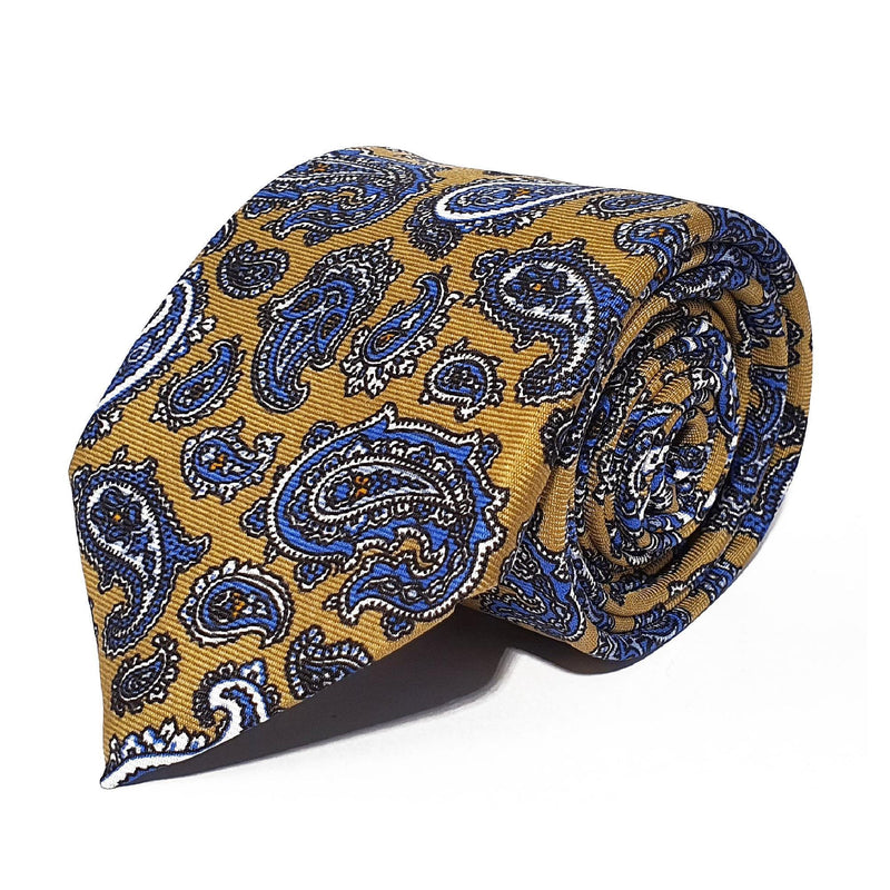 Khaki Paisley Printed Silk Tie Hand Finished - British Made