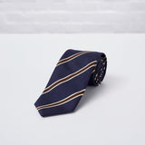 Navy Brown Striped Woven Silk Tie - British Made