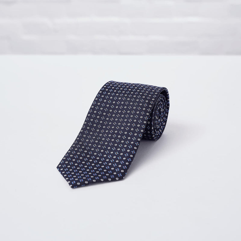 Navy Floral Woven Silk Tie - British Made