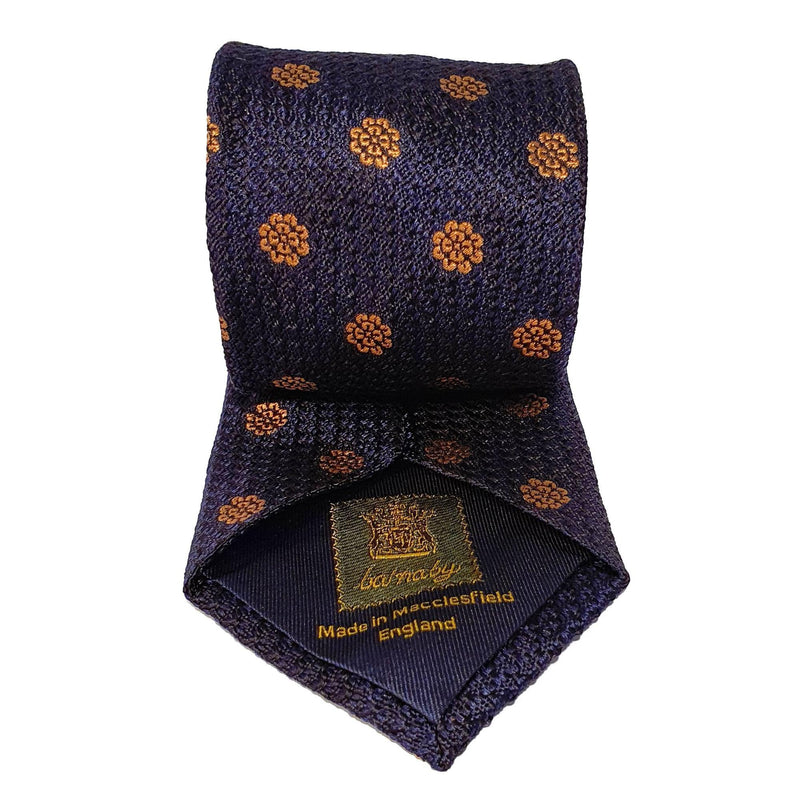 Navy Flower Woven Silk Tie Hand Finished - British Made