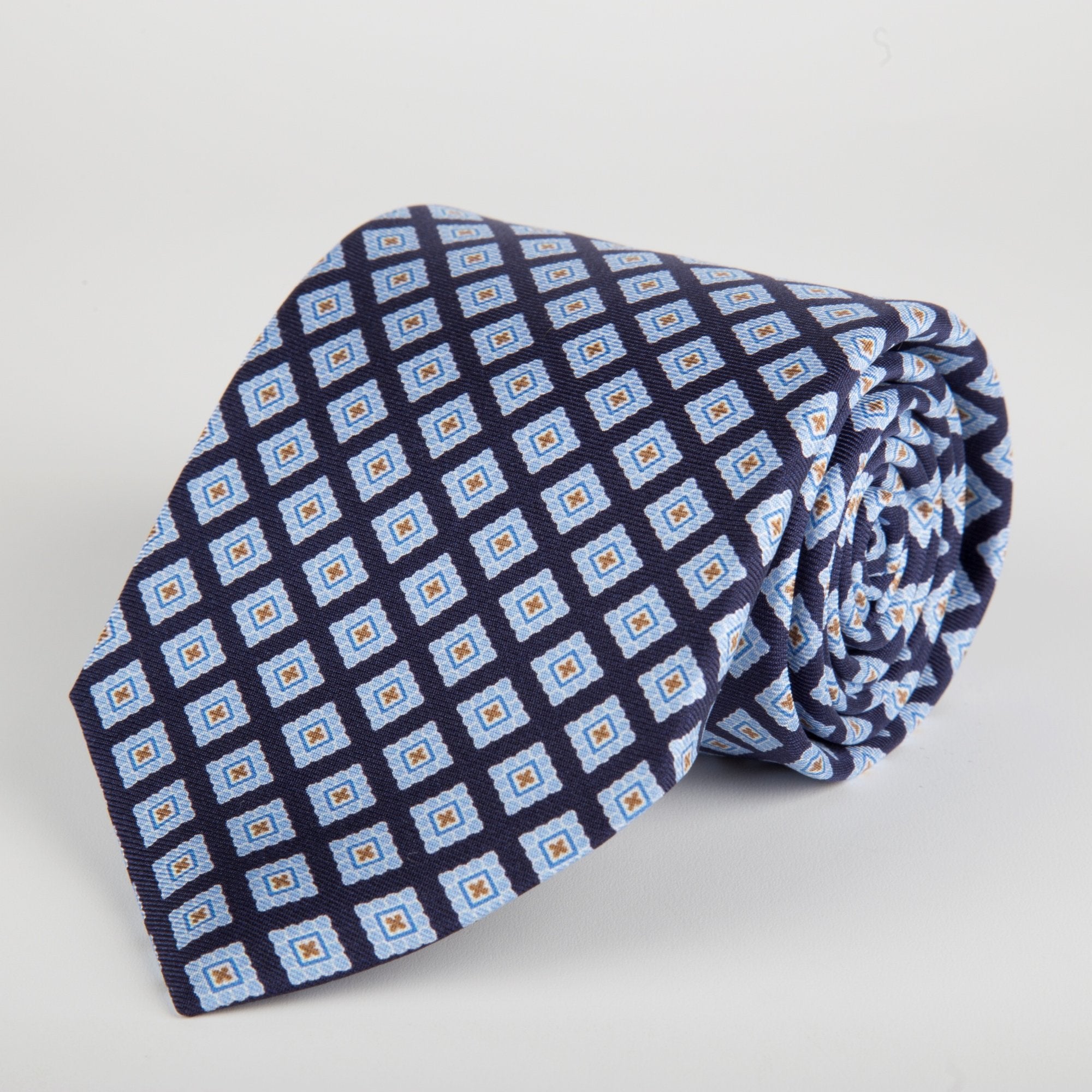 Navy Geometric Flower Block Printed Silk Tie - British Made
