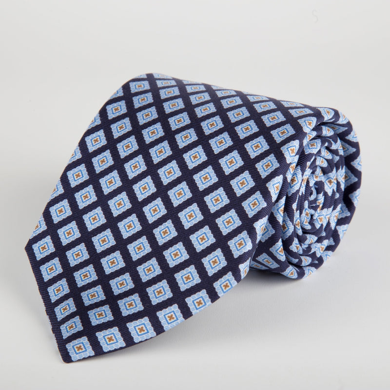 Navy Geometric Flower Block Printed Silk Tie - British Made