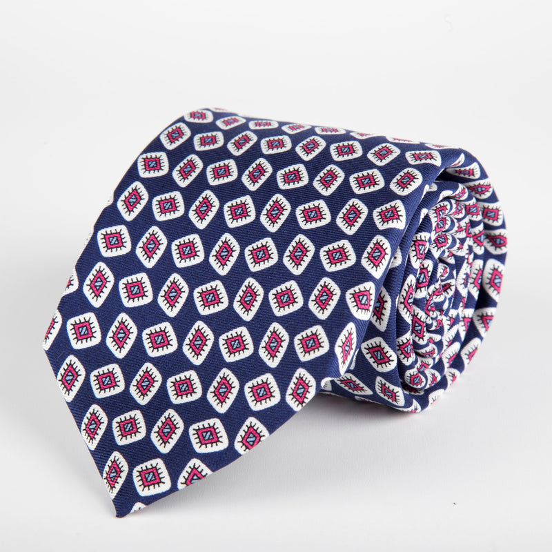 Navy Paisley Pink Diamond Printed Silk Tie - British Made