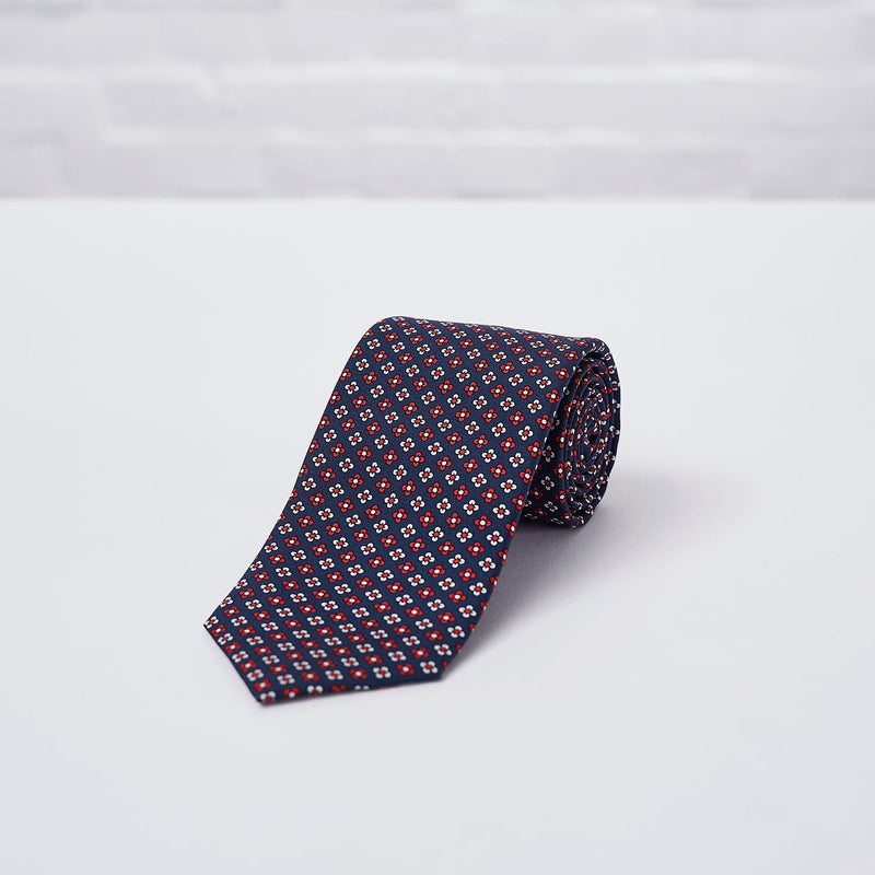 Navy Red Floral Printed Silk Tie - British Made