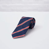 Navy Red Striped Woven Silk Tie Hand Finished
