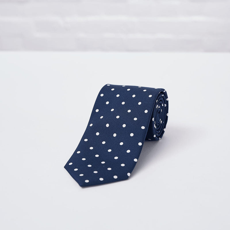 Navy White Large Spot Printed Silk Tie - British Made
