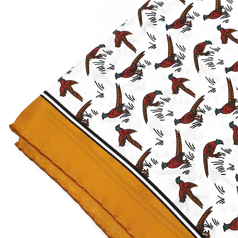 Pheasant Silk Pocket Square Orange Border - British Made