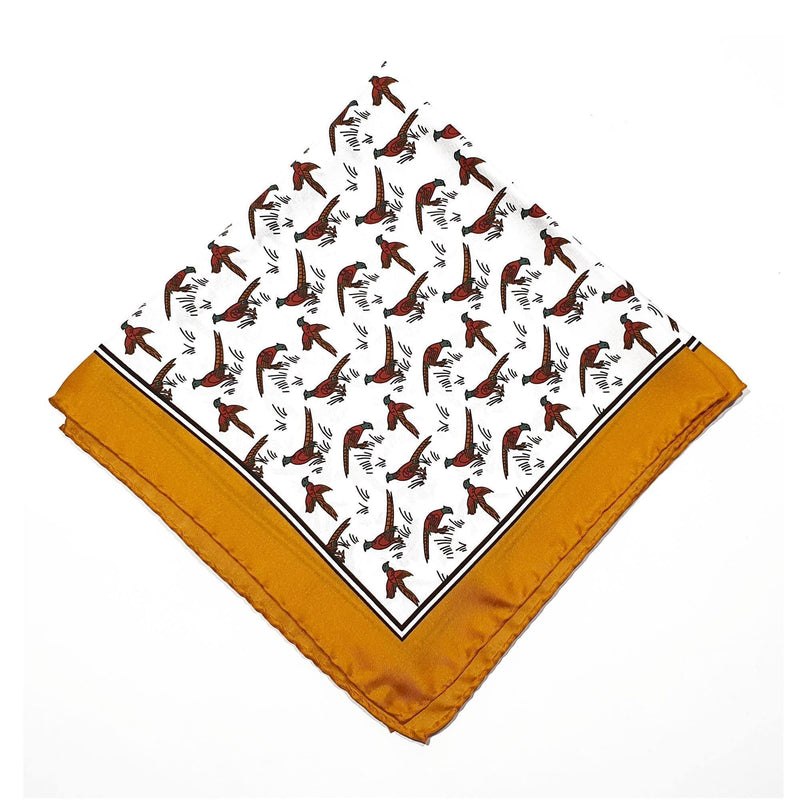 Pheasant Silk Pocket Square Orange Border - British Made