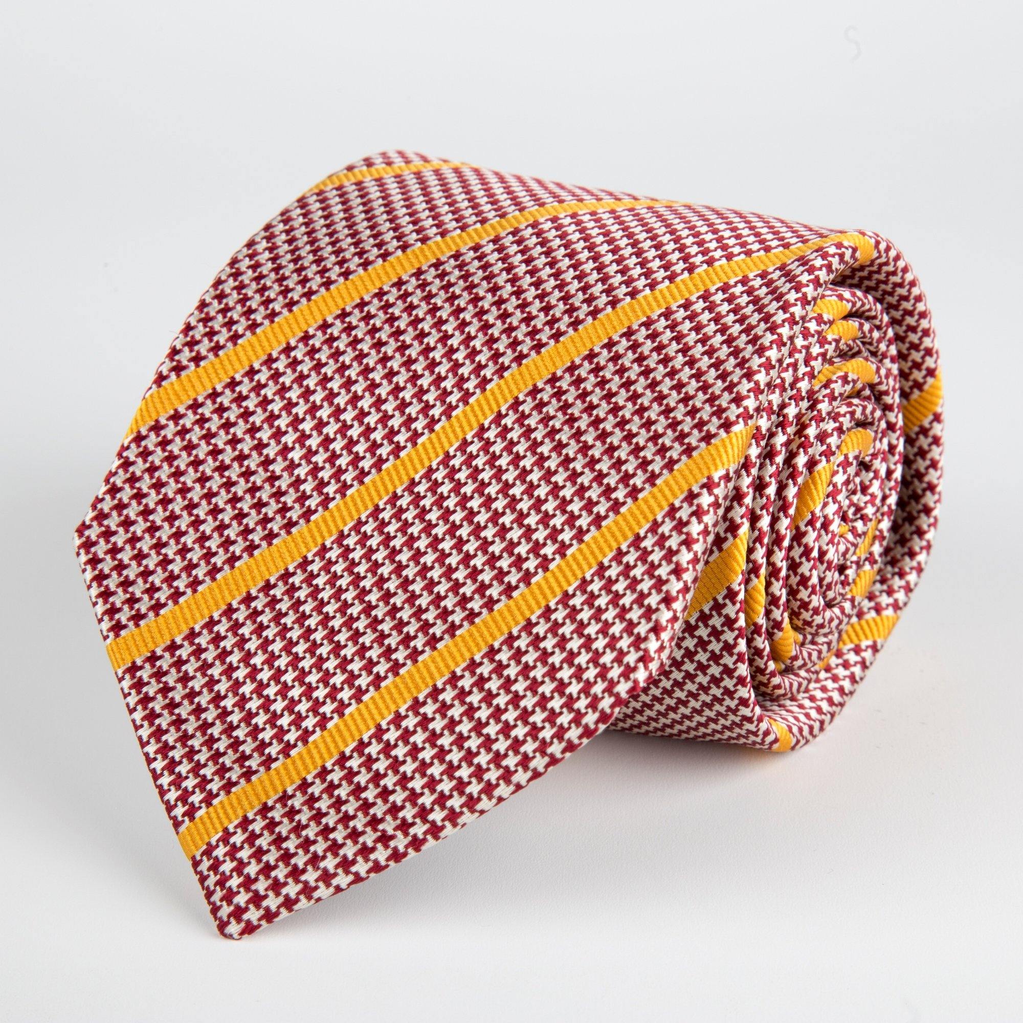 Red Houndstooth With Stripe Woven Silk Tie Hand Finished - British Made