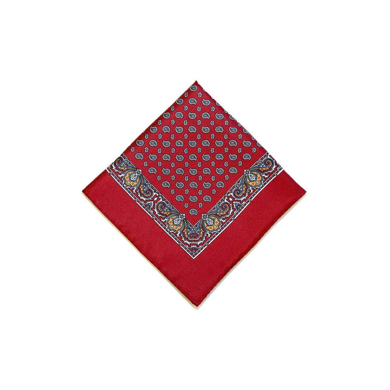 Red Orange Tear Drop Silk Pocket Square With A Paisley Border - British Made