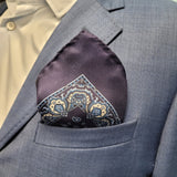 Navy Blue Tear Drop Silk Pocket Square With A Paisley Border