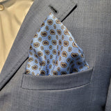 Cornflower Blue and Amber Tear Drop Silk Pocket Square With A Paisley Border