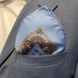 Cornflower Blue and Amber Tear Drop Silk Pocket Square With A Paisley Border