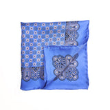 Blue and Lilac Geometric Silk Pocket Square with Paisley Border
