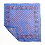 Blue and Pink Geometric Silk Pocket Square with Paisley Border