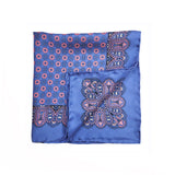 Blue and Pink Geometric Silk Pocket Square with Paisley Border