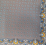 Grey and Orange Tear Drop Silk Pocket Square With A Paisley Border