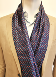 Navy Silk Geometric Scarf with Hand Knotted Navy Tassels