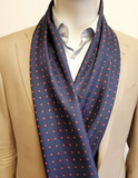 Navy & Red Polka Dot Silk Scarf with Hand Knotted Navy Tassels