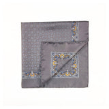 Grey and Orange Tear Drop Silk Pocket Square With A Paisley Border