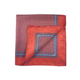 Rust Red and Blue Flower Motif Silk Pocket Square