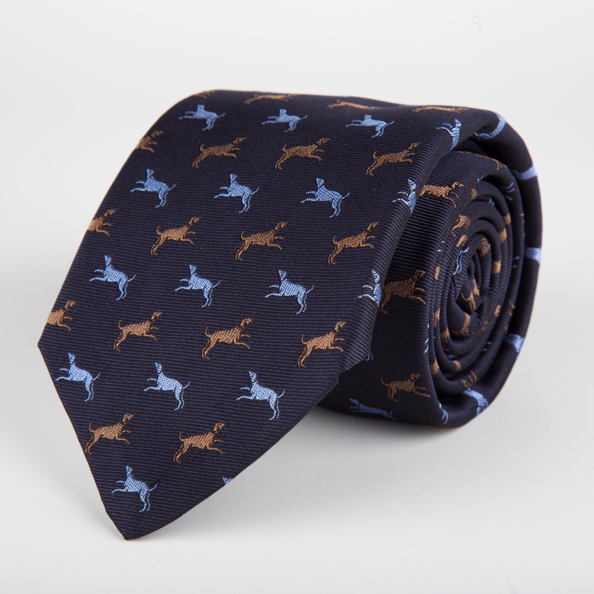 Blue Dog Motif Woven Silk Tie - British Made
